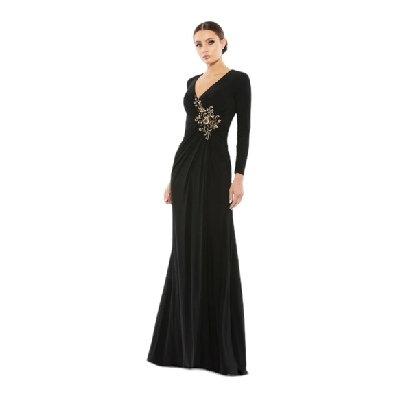 Mac Duggal Appliqué Long-Sleeve Gown in Black NWOT - Picture 1 of 7